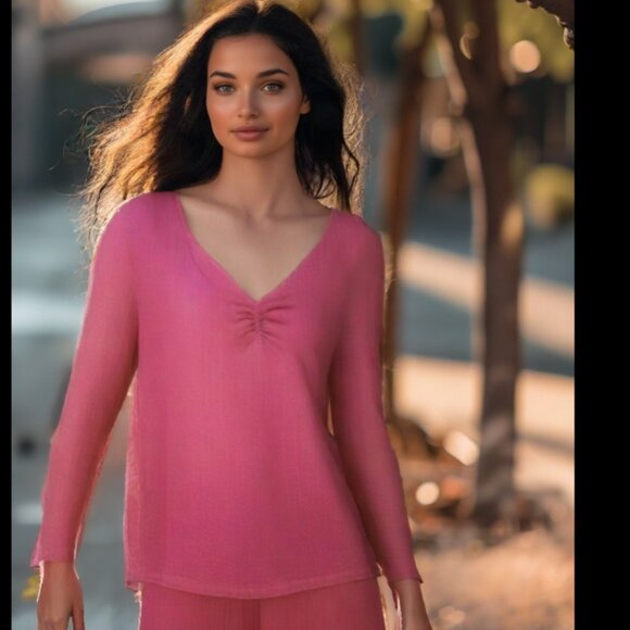 Hot Cotton Rose Pink Tone Pullover Styling 100% Linen Top, Size Small - Picture 1 of 6